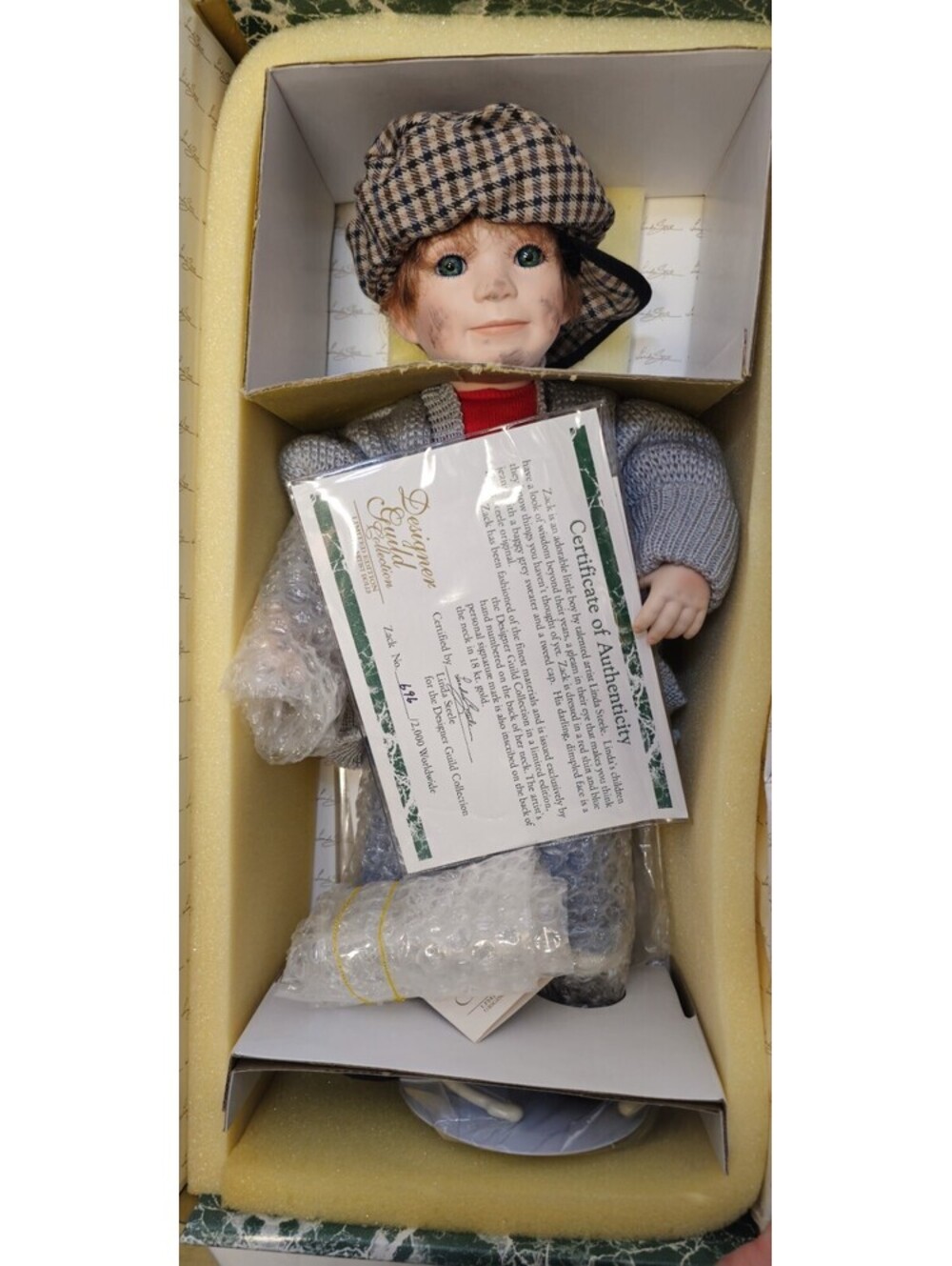 New LINDA STEELE 17", Zach, Porcelain Boy doll, Designer Guild Collection, COA..
